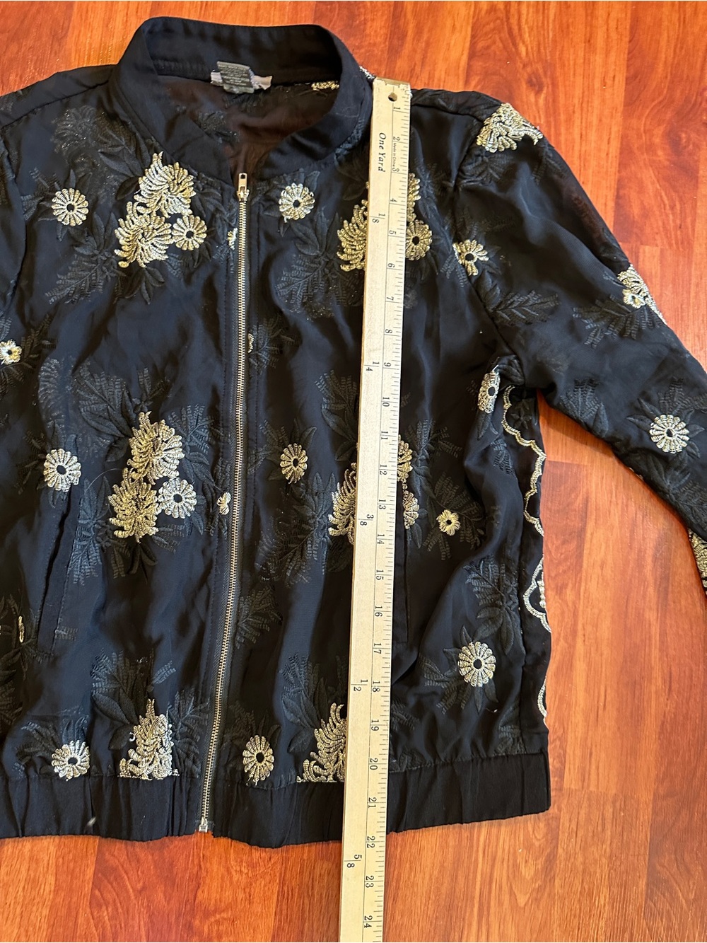 Sans Souci Black Sheer Bomber Jacket with Gold Floral Embroidery - Picture 6 of 9
